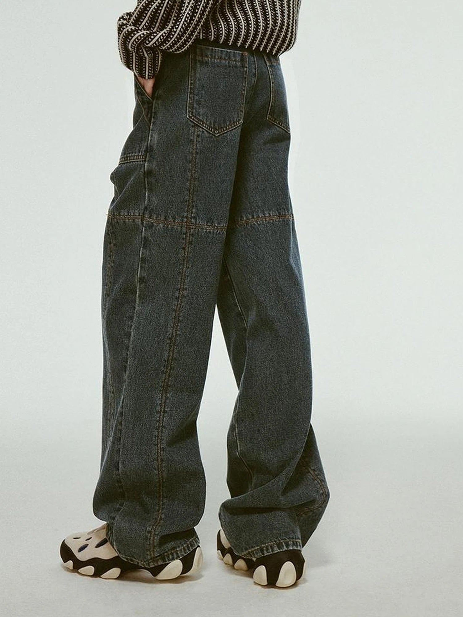 Stonewashed Distressed Seam Vintage Blue High Waist Wide Leg Jeans