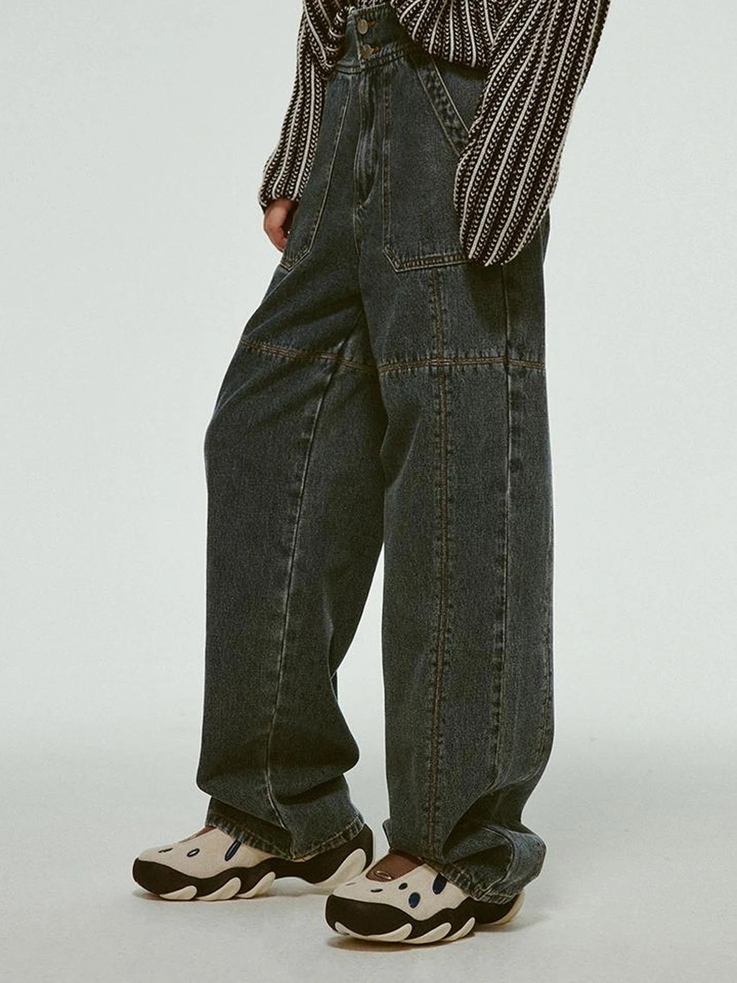 Stonewashed Distressed Seam Vintage Blue High Waist Wide Leg Jeans