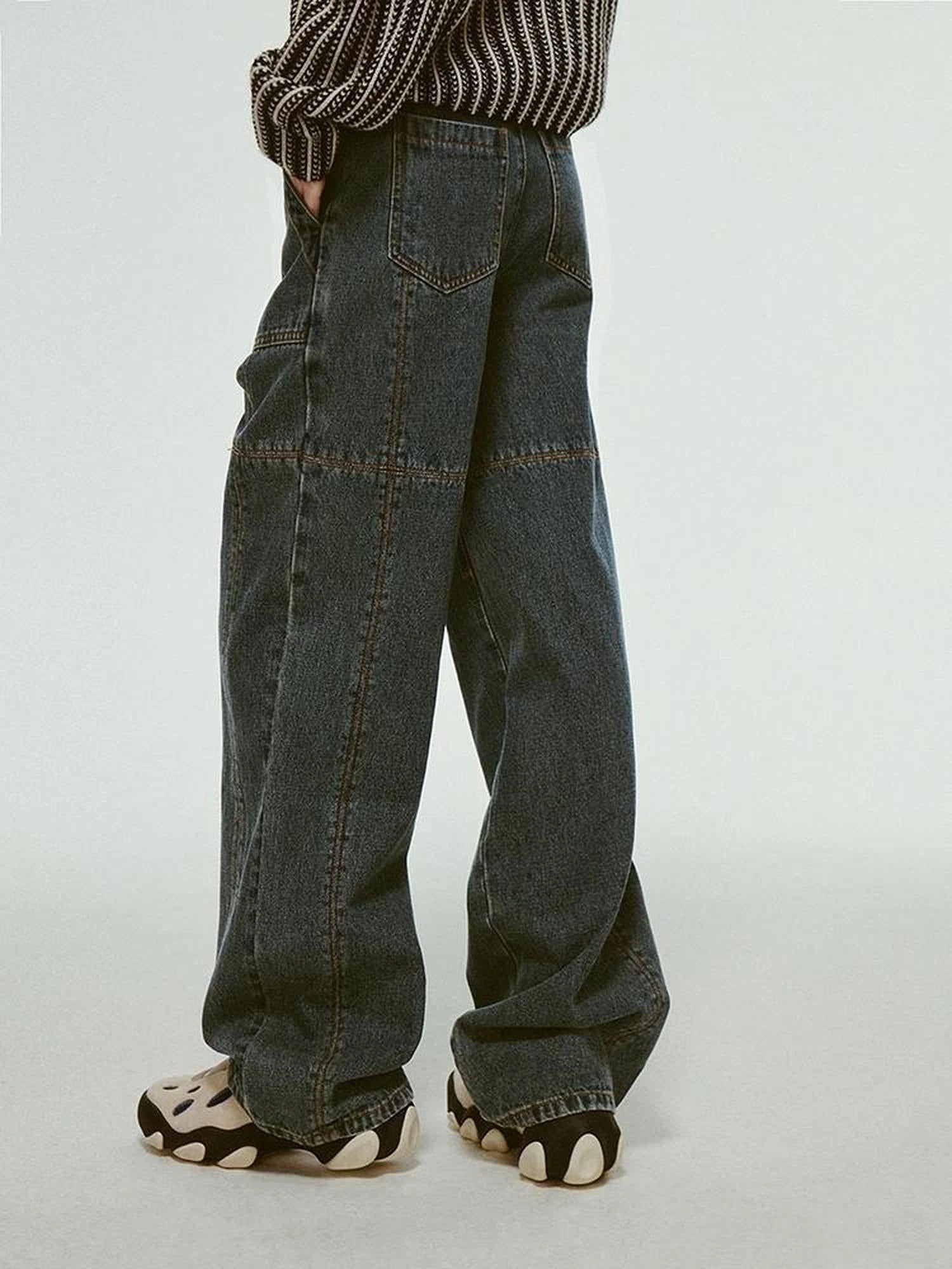 Stonewashed Distressed Seam Vintage Blue High Waist Wide Leg Jeans