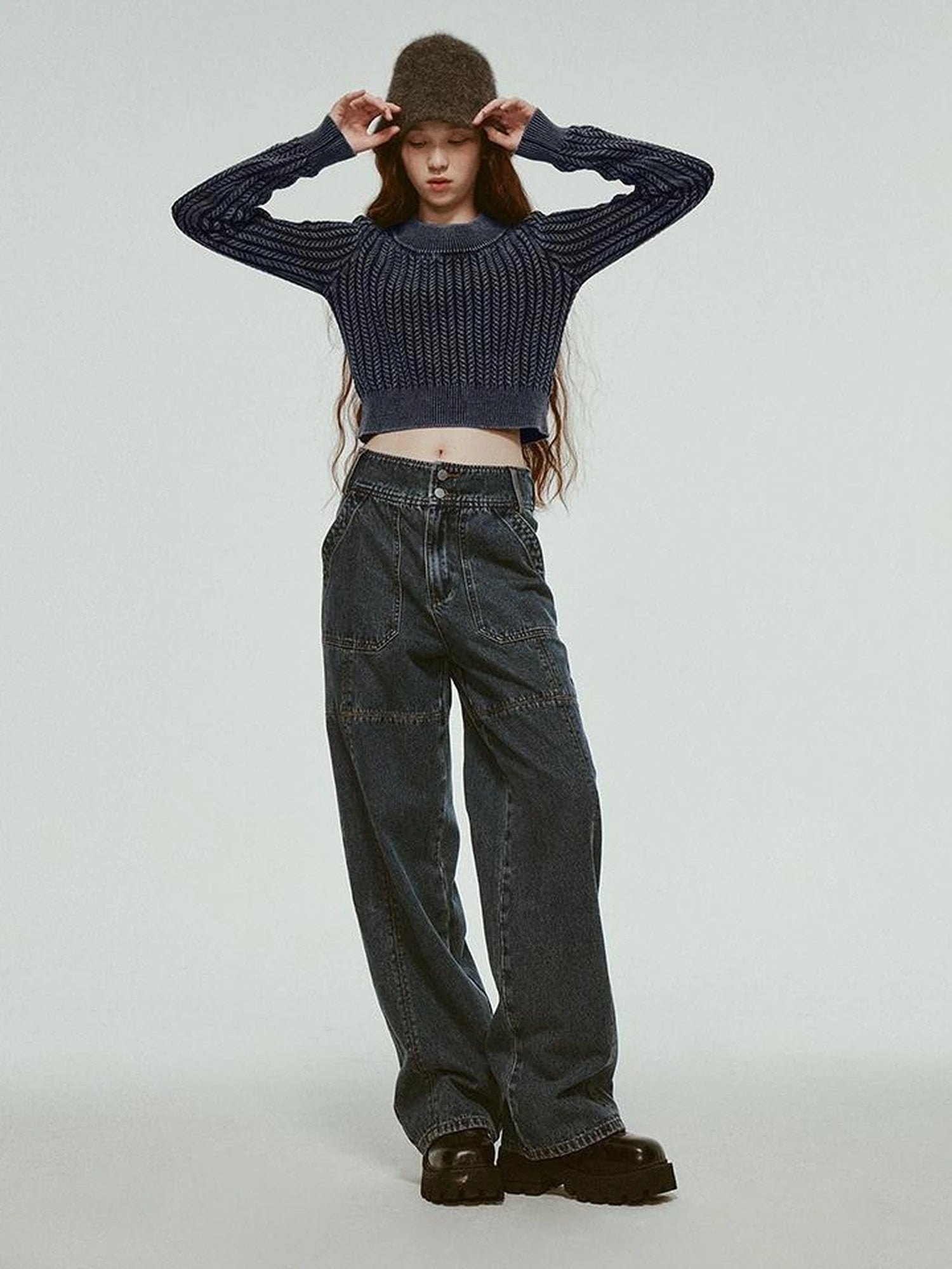 Stonewashed Distressed Seam Vintage Blue High Waist Wide Leg Jeans