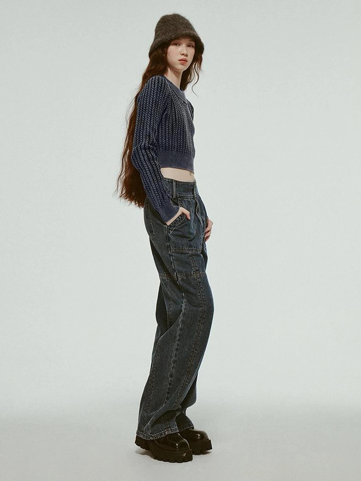 Stonewashed Distressed Seam Vintage Blue High Waist Wide Leg Jeans