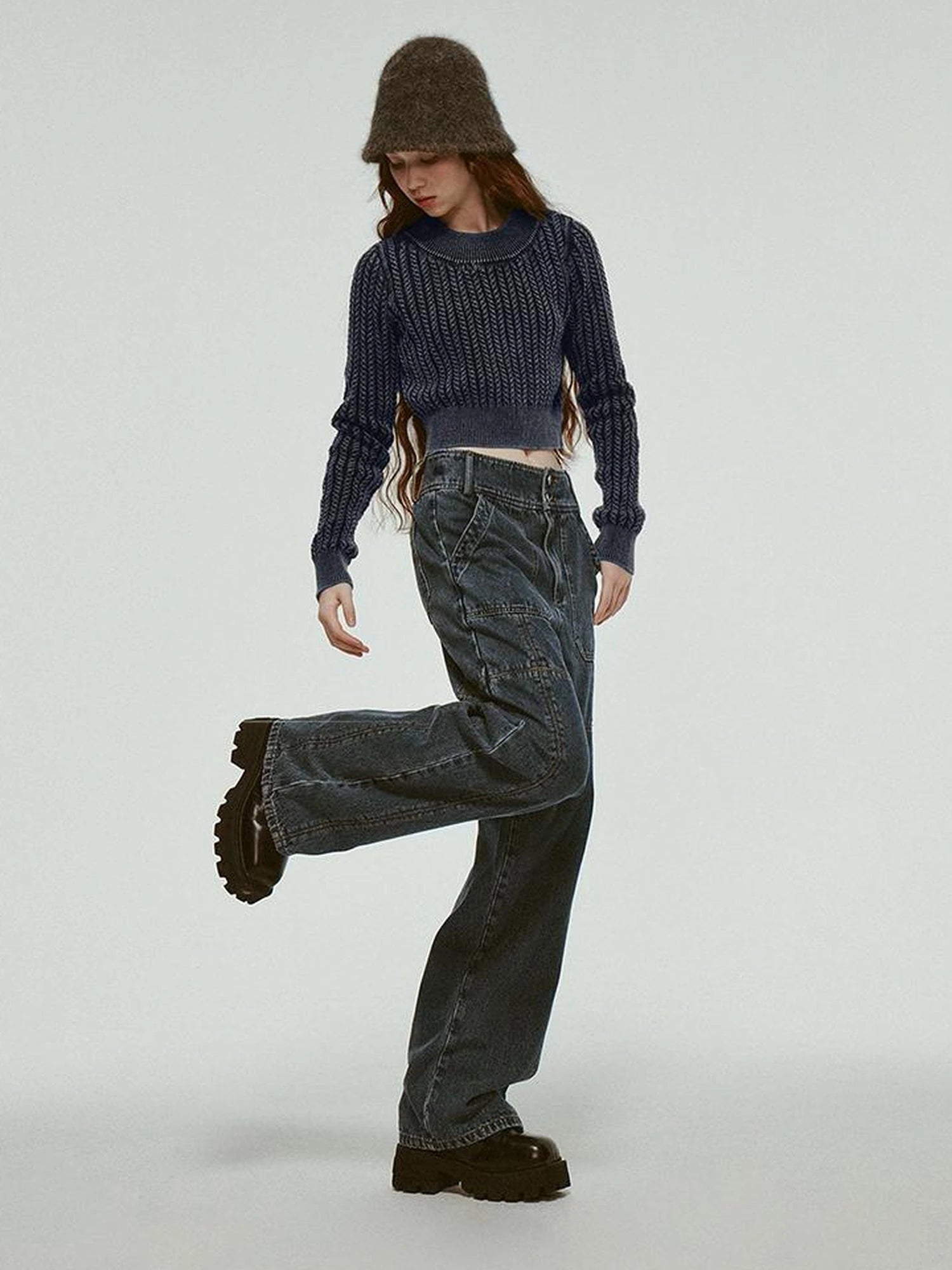 Stonewashed Distressed Seam Vintage Blue High Waist Wide Leg Jeans