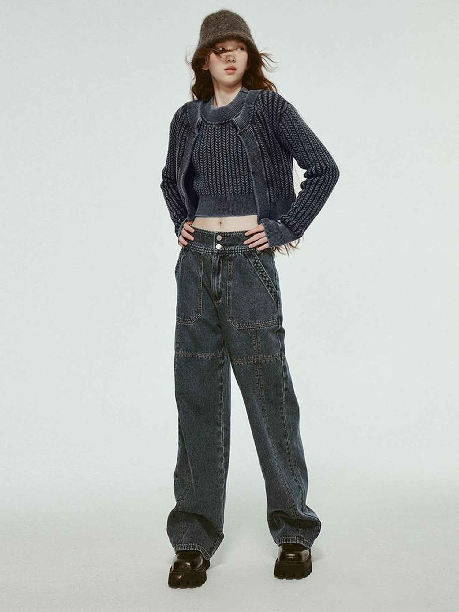 Stonewashed Distressed Seam Vintage Blue High Waist Wide Leg Jeans