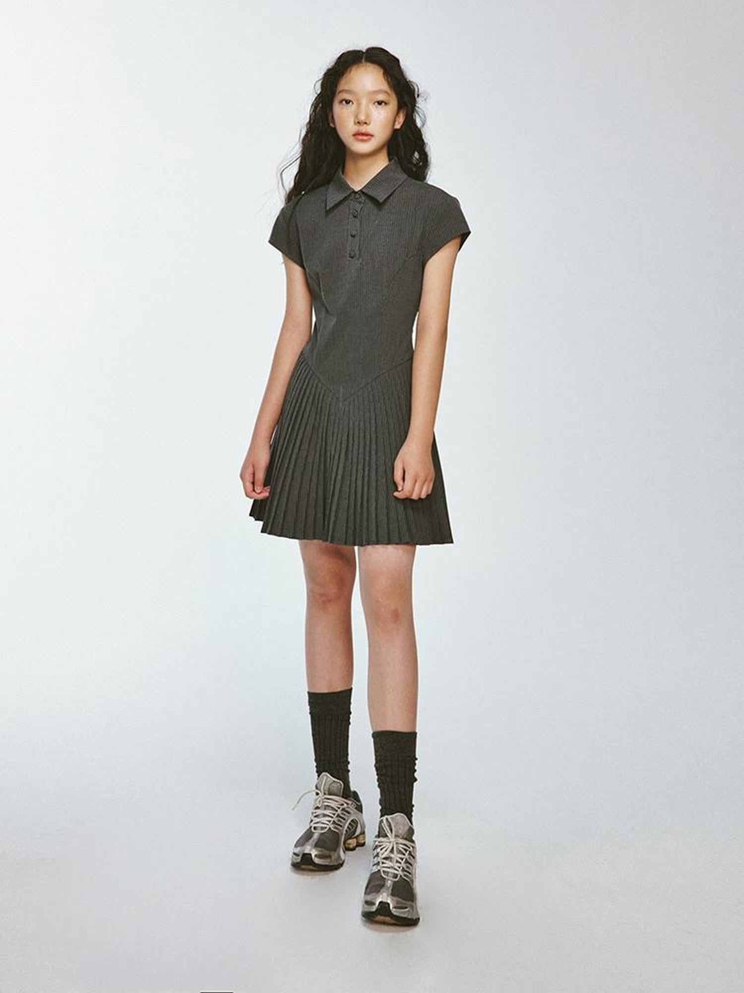 FUSSED Striped Polo Collar Dress With Pleated Detail