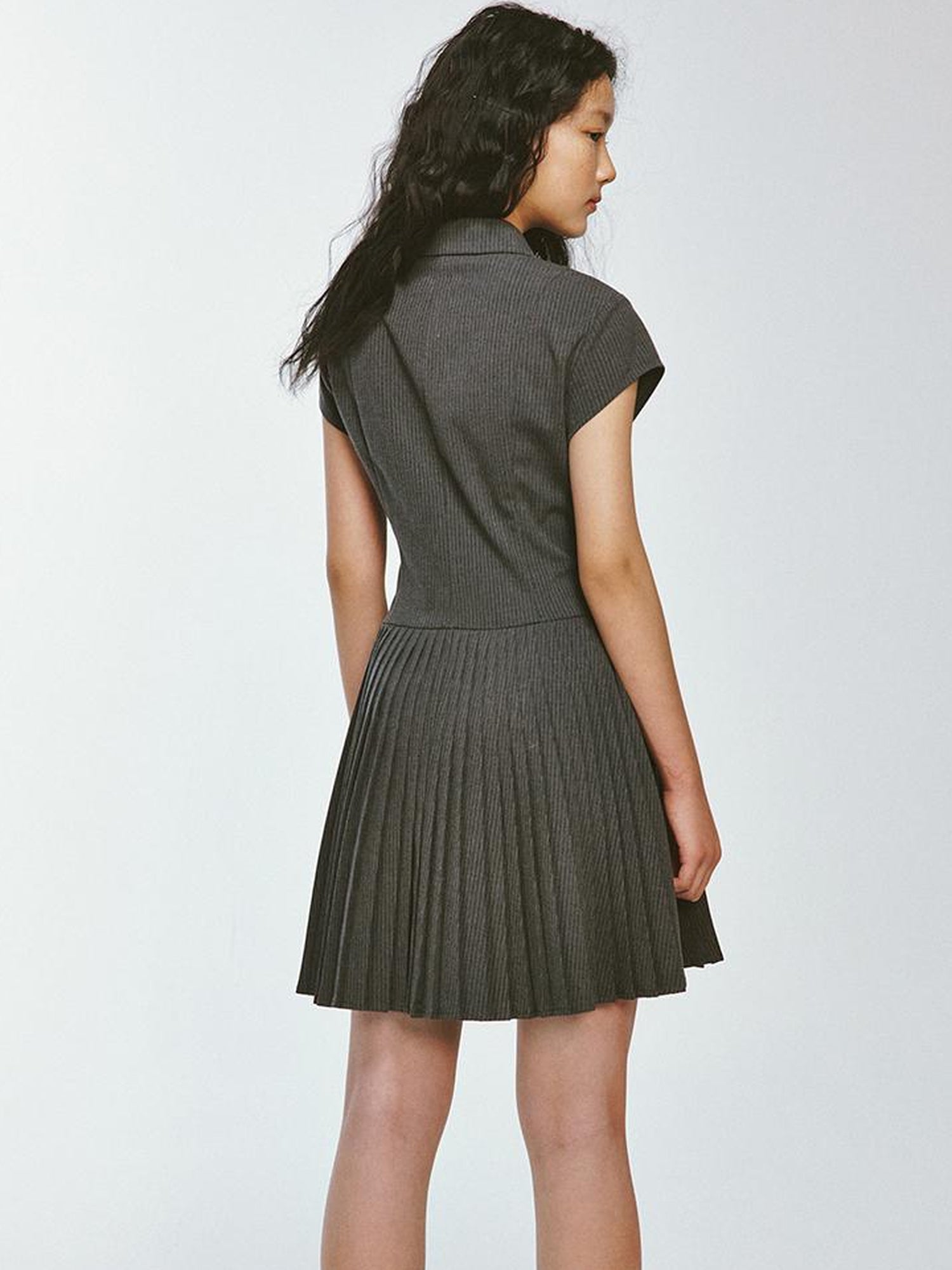 FUSSED Striped Polo Collar Dress With Pleated Detail