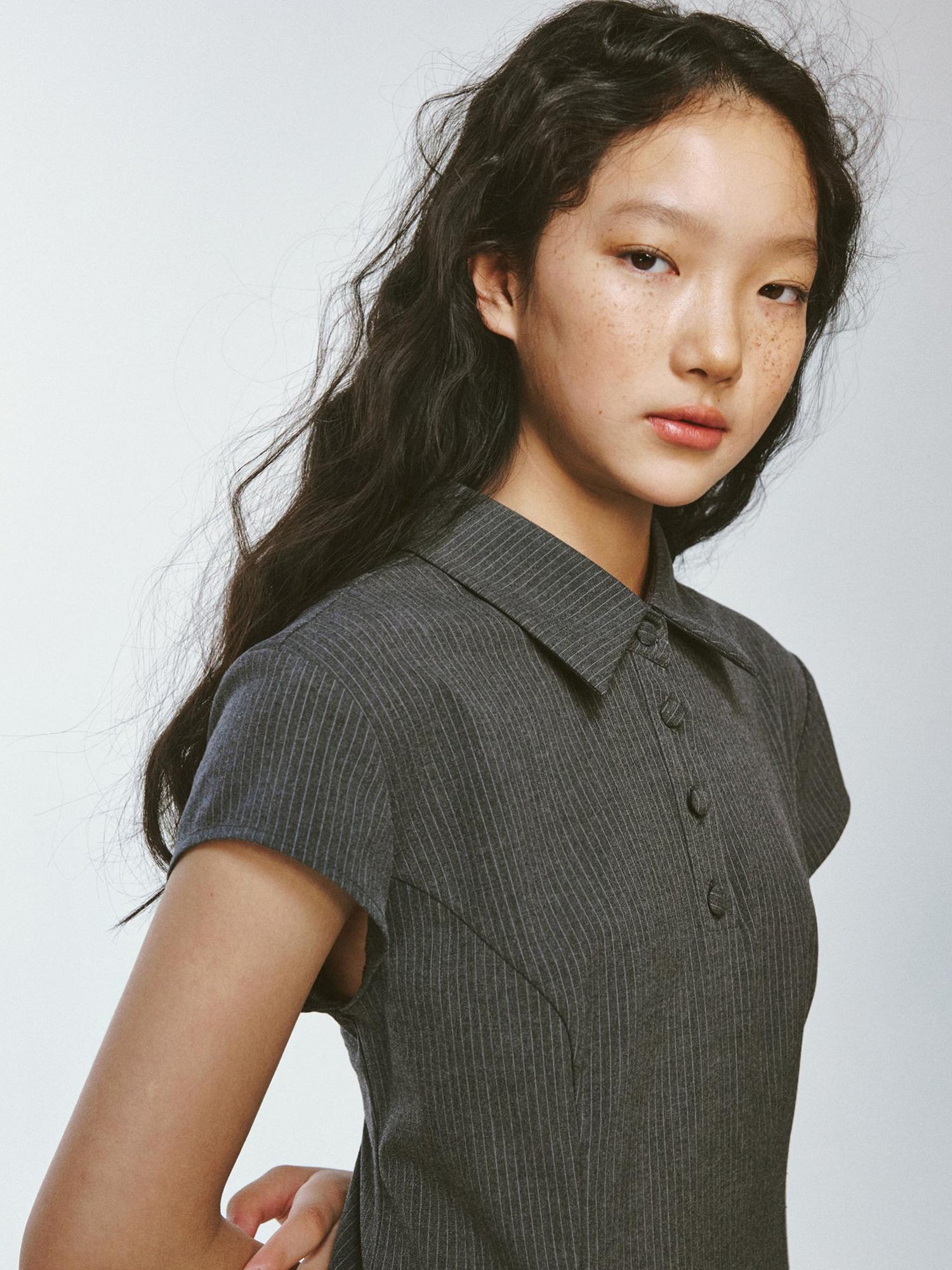 FUSSED Striped Polo Collar Dress With Pleated Detail