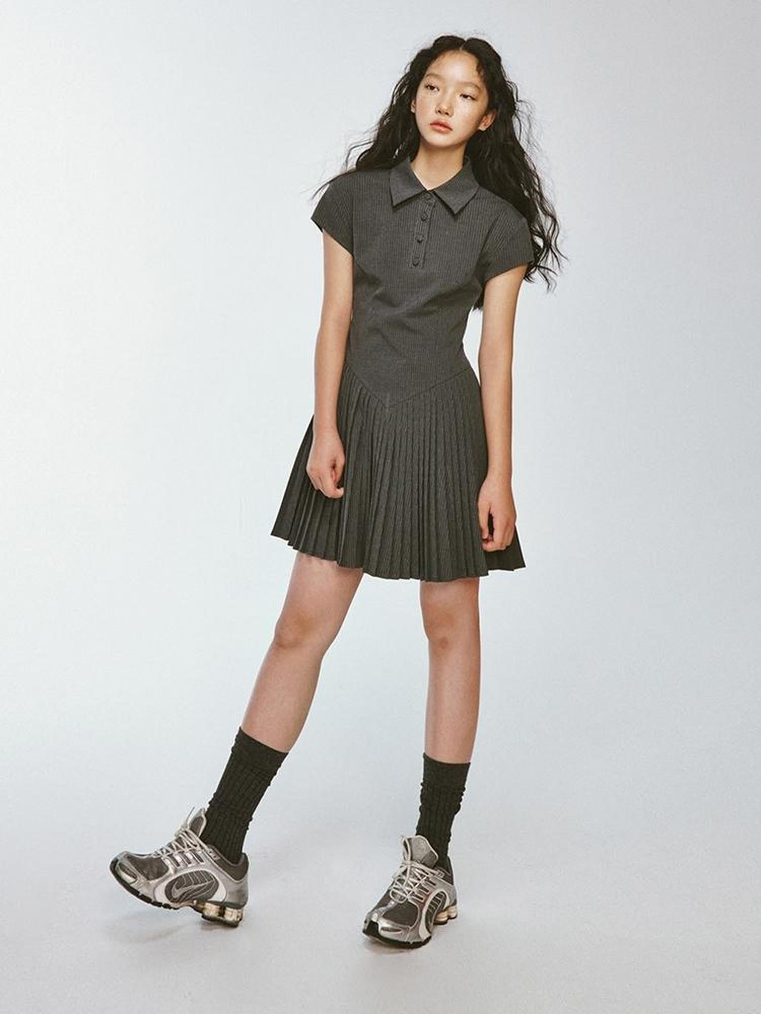 FUSSED Striped Polo Collar Dress With Pleated Detail
