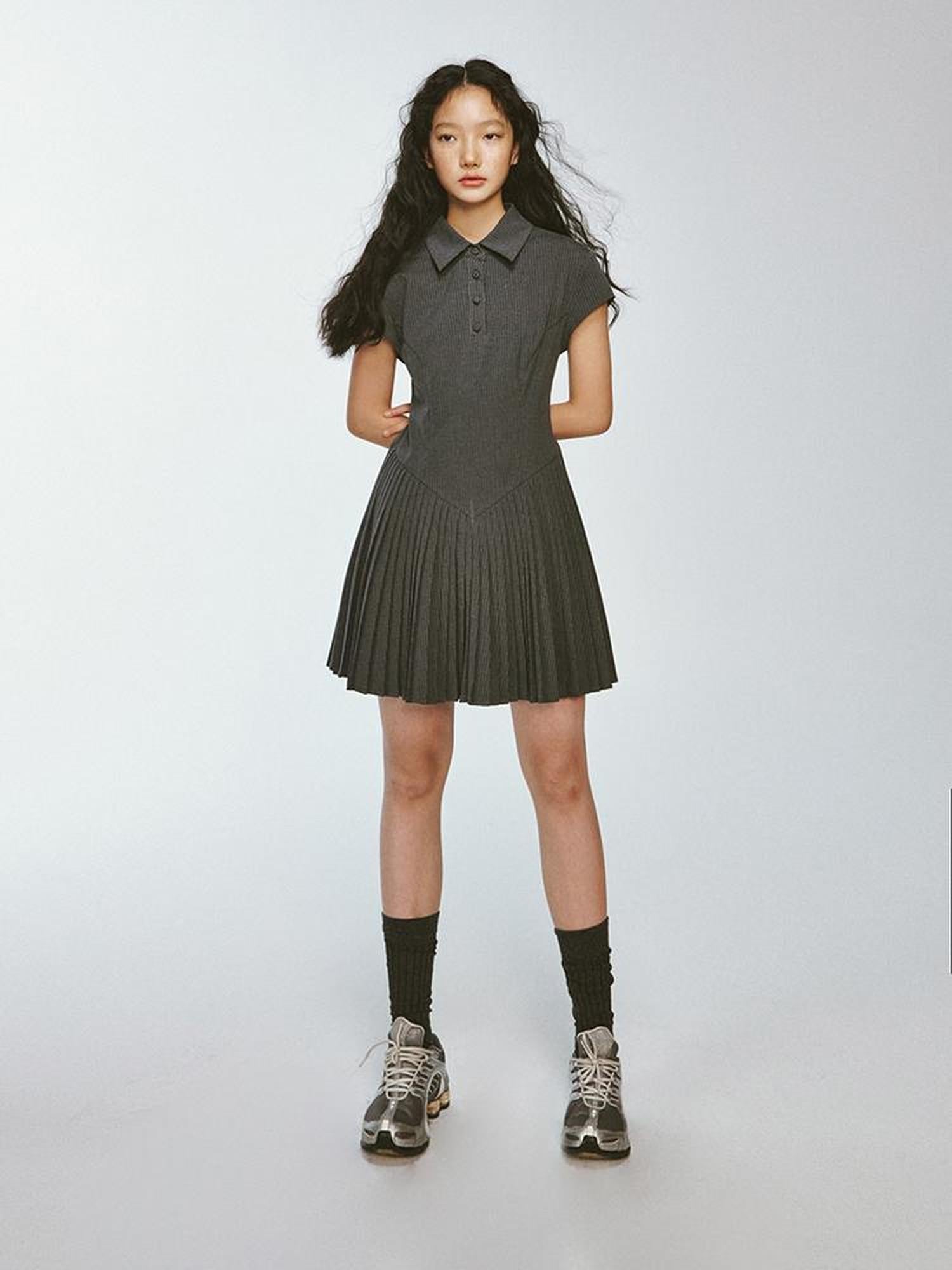 FUSSED Striped Polo Collar Dress With Pleated Detail