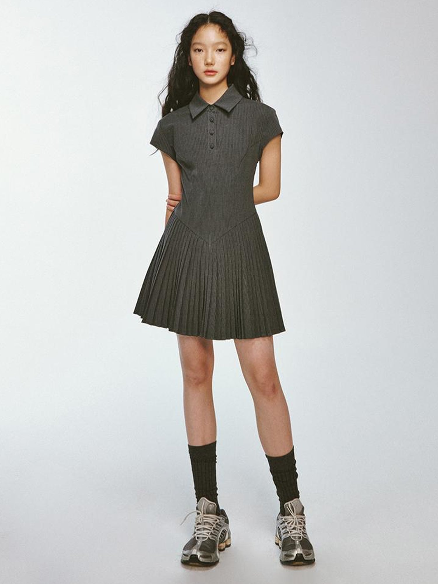 FUSSED Striped Polo Collar Dress With Pleated Detail