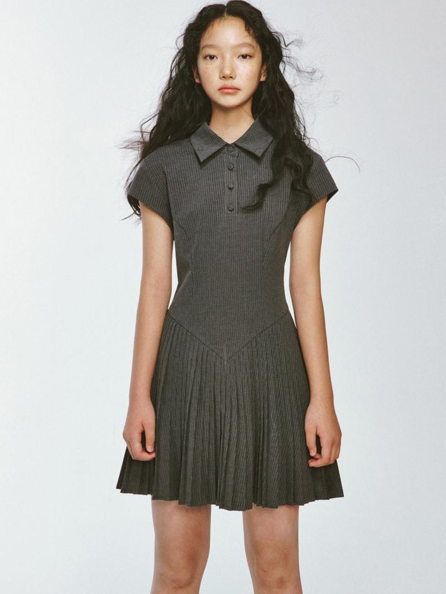 FUSSED Striped Polo Collar Dress With Pleated Detail