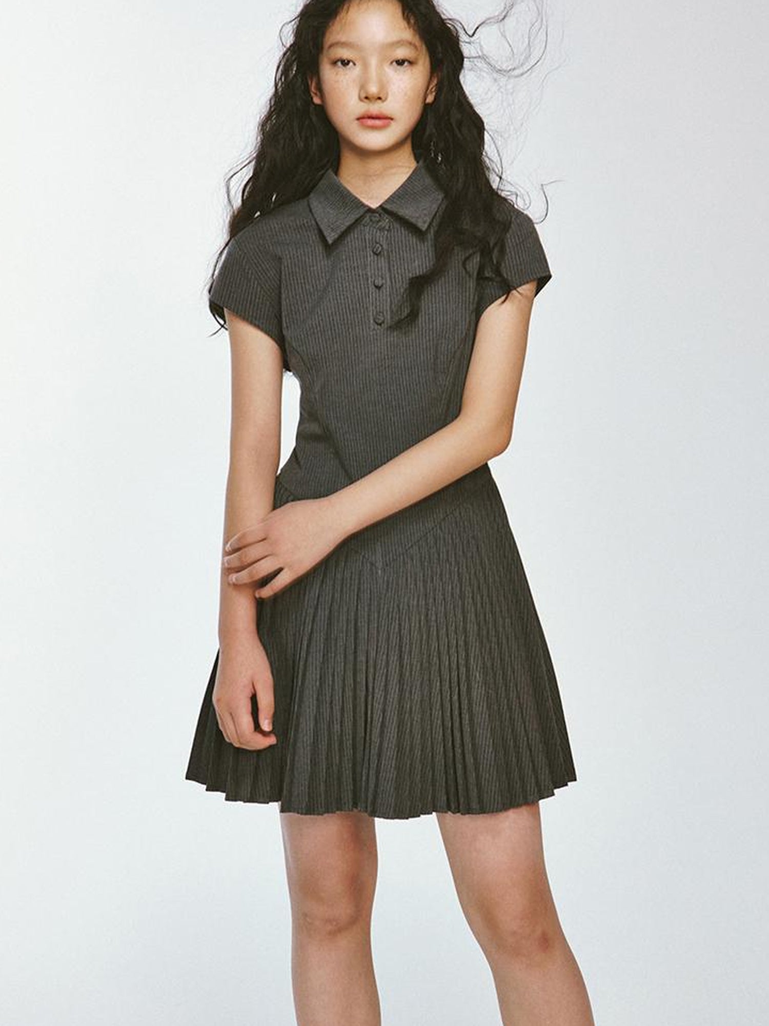 FUSSED Striped Polo Collar Dress With Pleated Detail