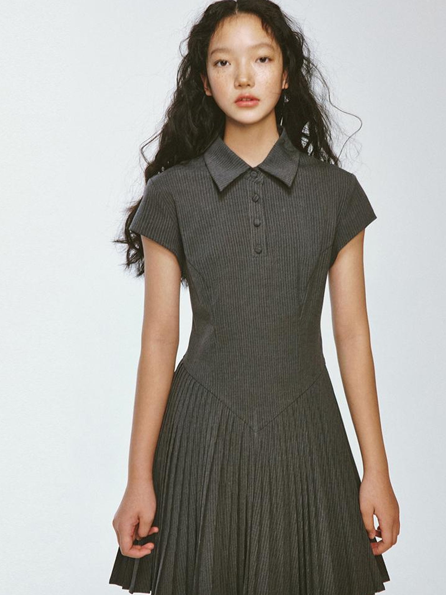 FUSSED Striped Polo Collar Dress With Pleated Detail