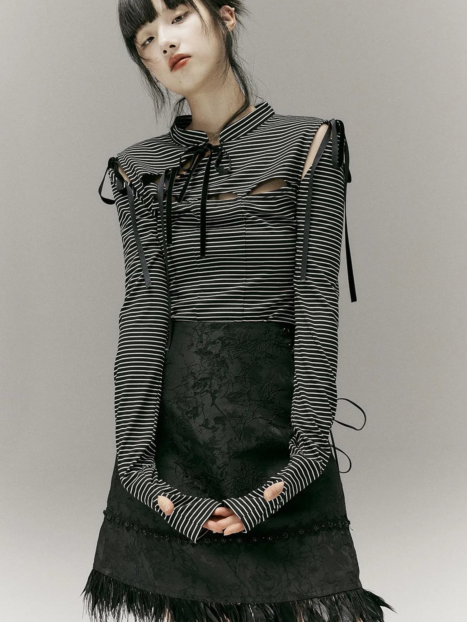 Stripped Split Top With Qipao Collar And Cut Out Detail