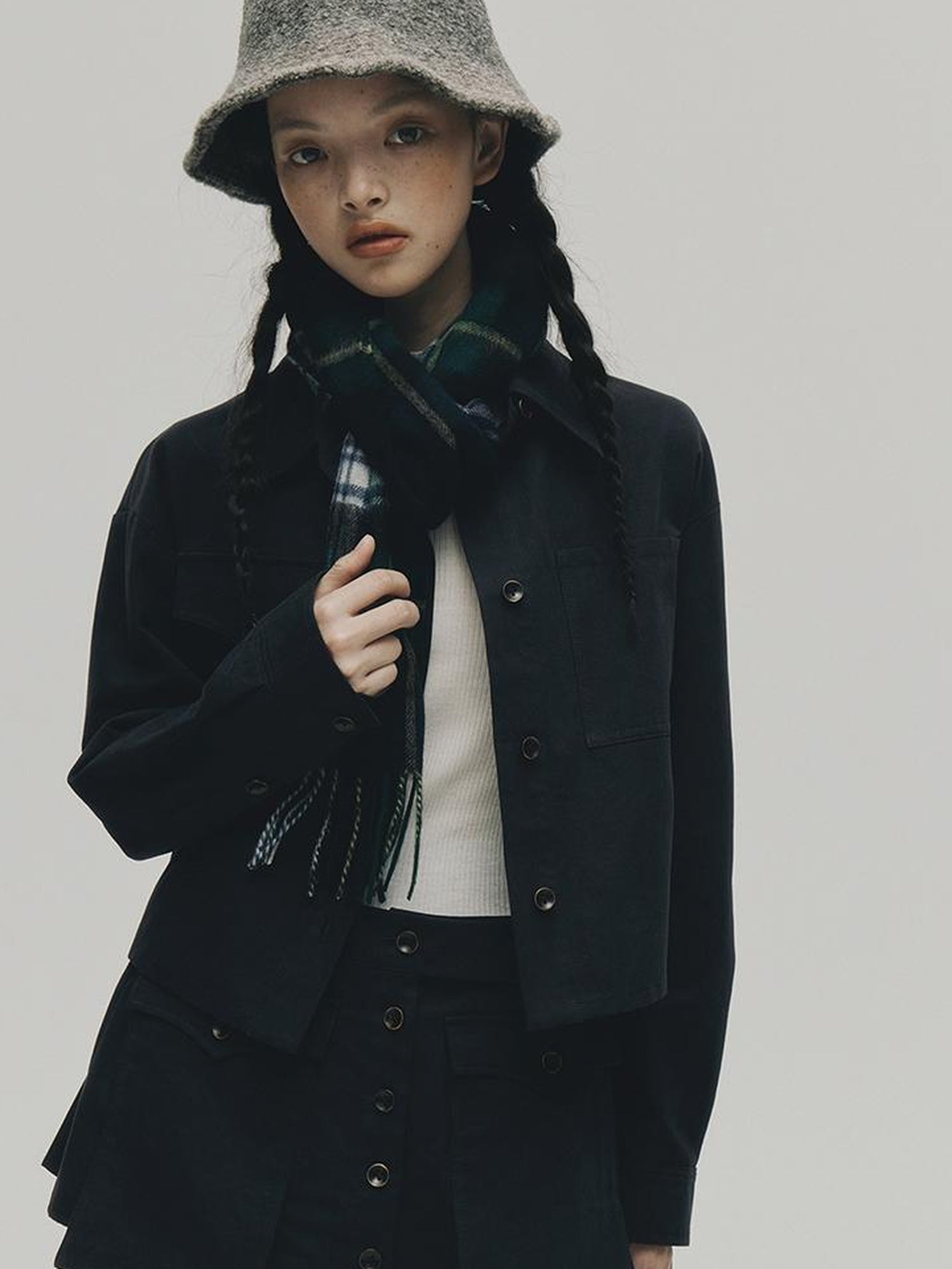 FUSSED Structured Dusky Blue Cropped Cotton Shirt With Wooden Buttons