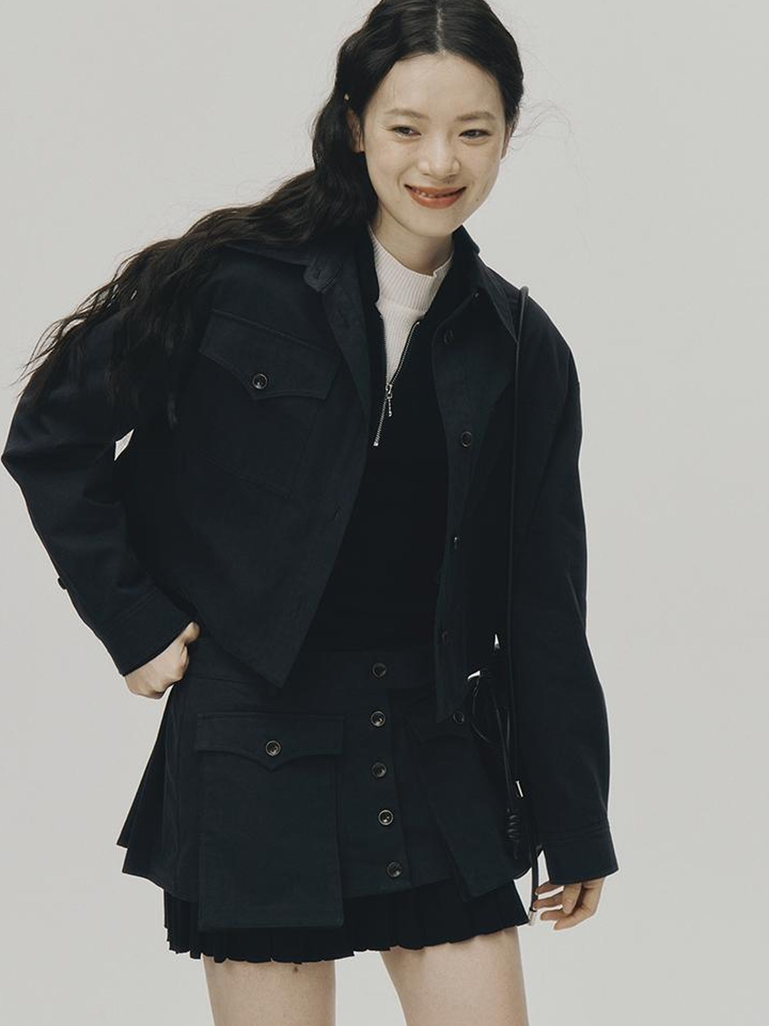 FUSSED Structured Dusky Blue Cropped Cotton Shirt With Wooden Buttons