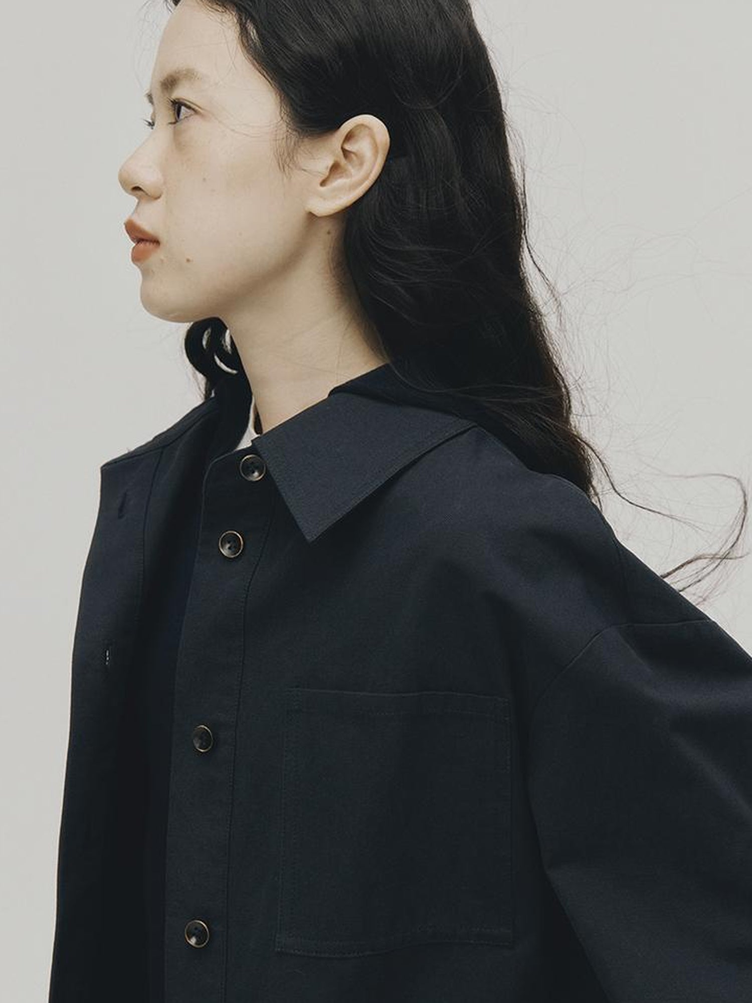 FUSSED Structured Dusky Blue Cropped Cotton Shirt With Wooden Buttons