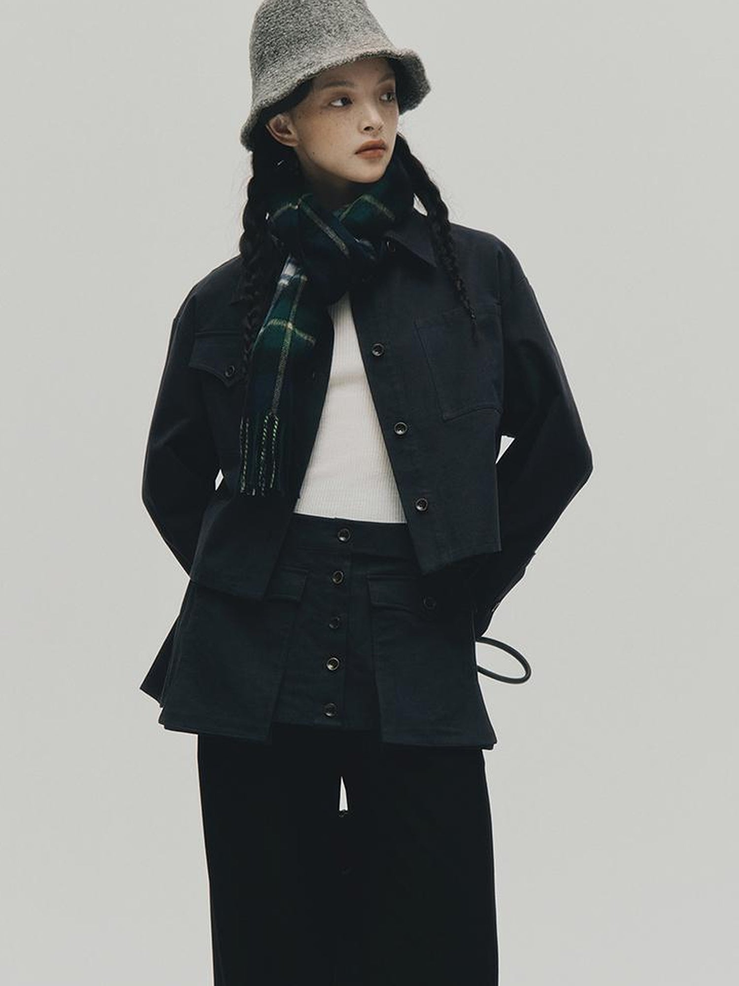 FUSSED Structured Dusky Blue Cropped Cotton Shirt With Wooden Buttons