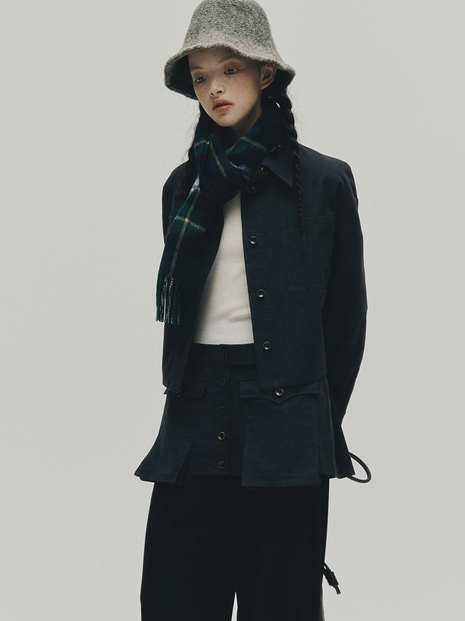 FUSSED Structured Dusky Blue Cropped Cotton Shirt With Wooden Buttons