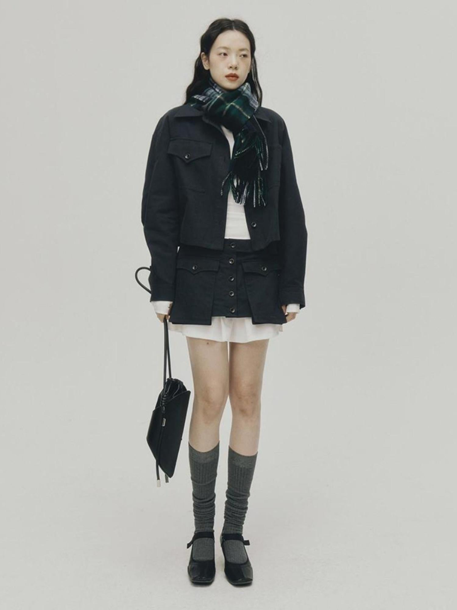 FUSSED Structured Pleated Mini Skirt With Asymmetric Pocket In Dusk Blue