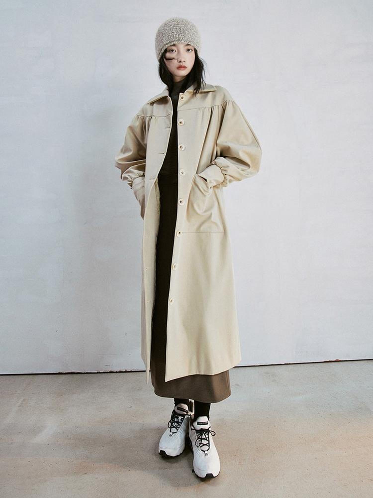 FUSSED Taupe Textured Trench Coat with Folded Details and Turn Down Collar