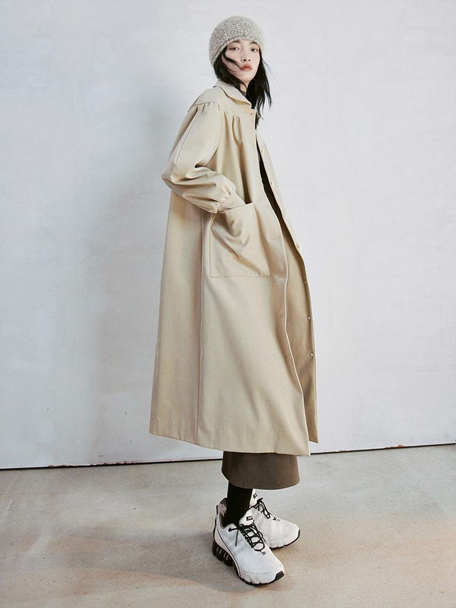 FUSSED Taupe Textured Trench Coat with Folded Details and Turn Down Collar