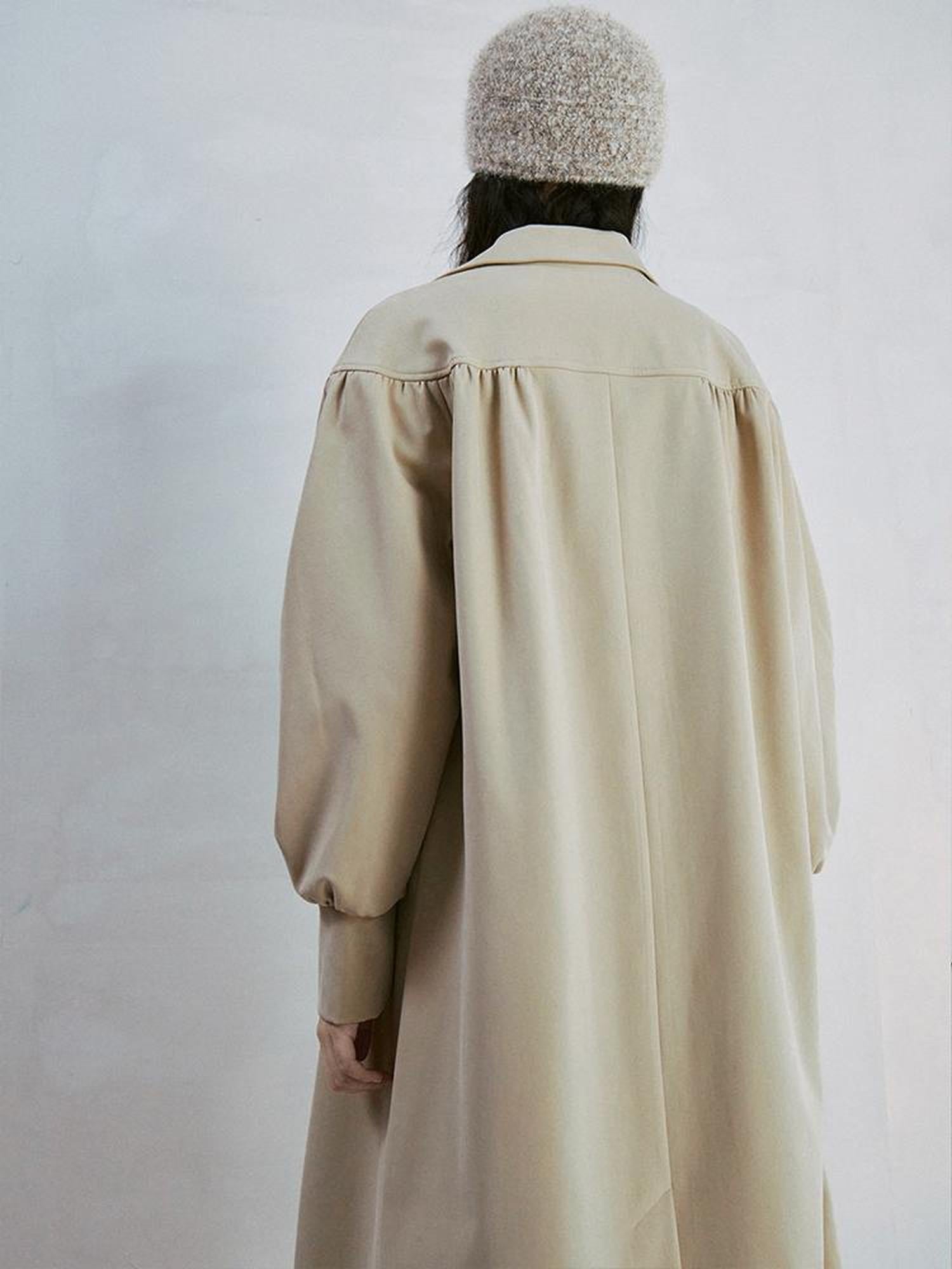 FUSSED Taupe Textured Trench Coat with Folded Details and Turn Down Collar