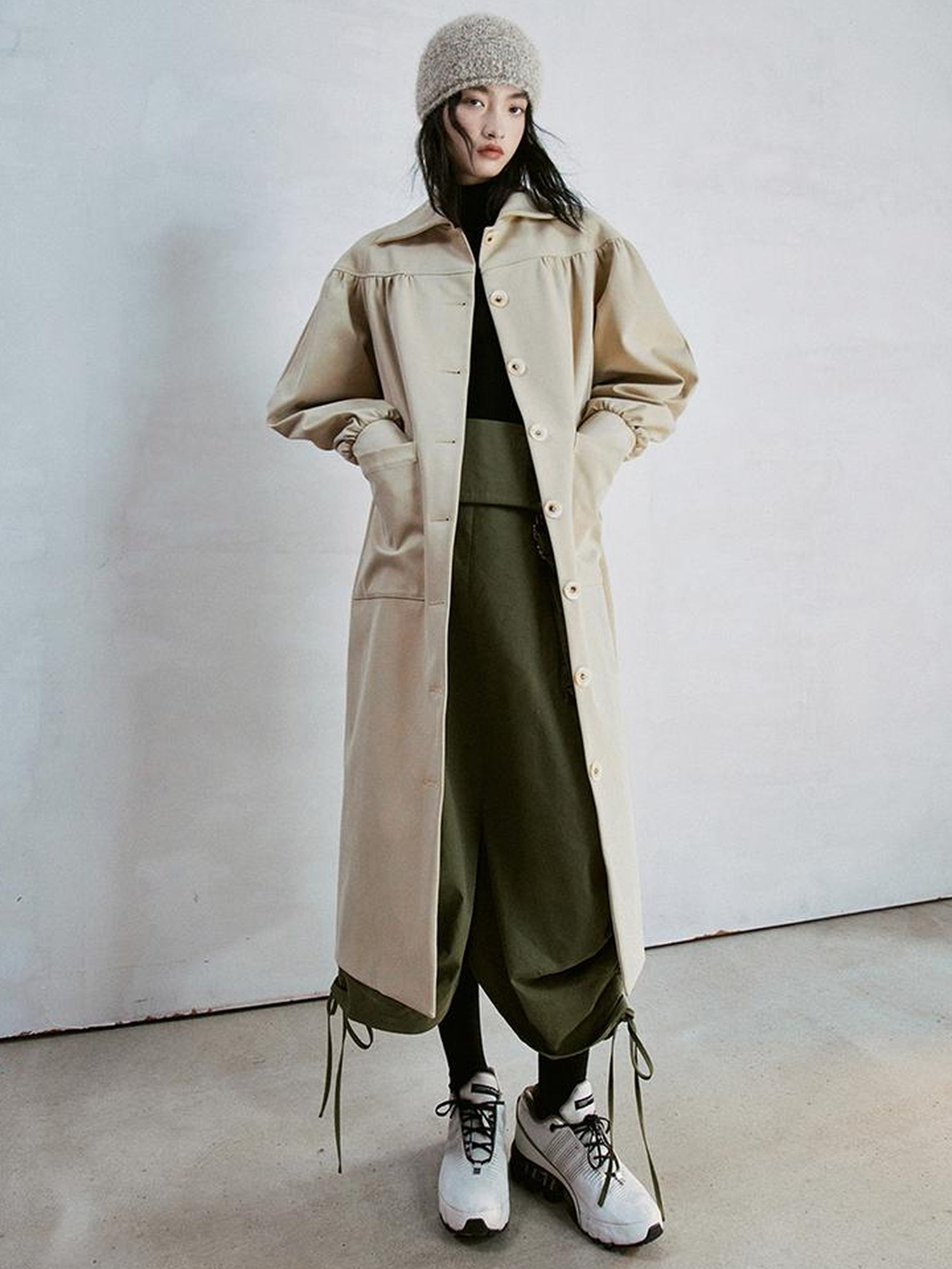 FUSSED Taupe Textured Trench Coat with Folded Details and Turn Down Collar