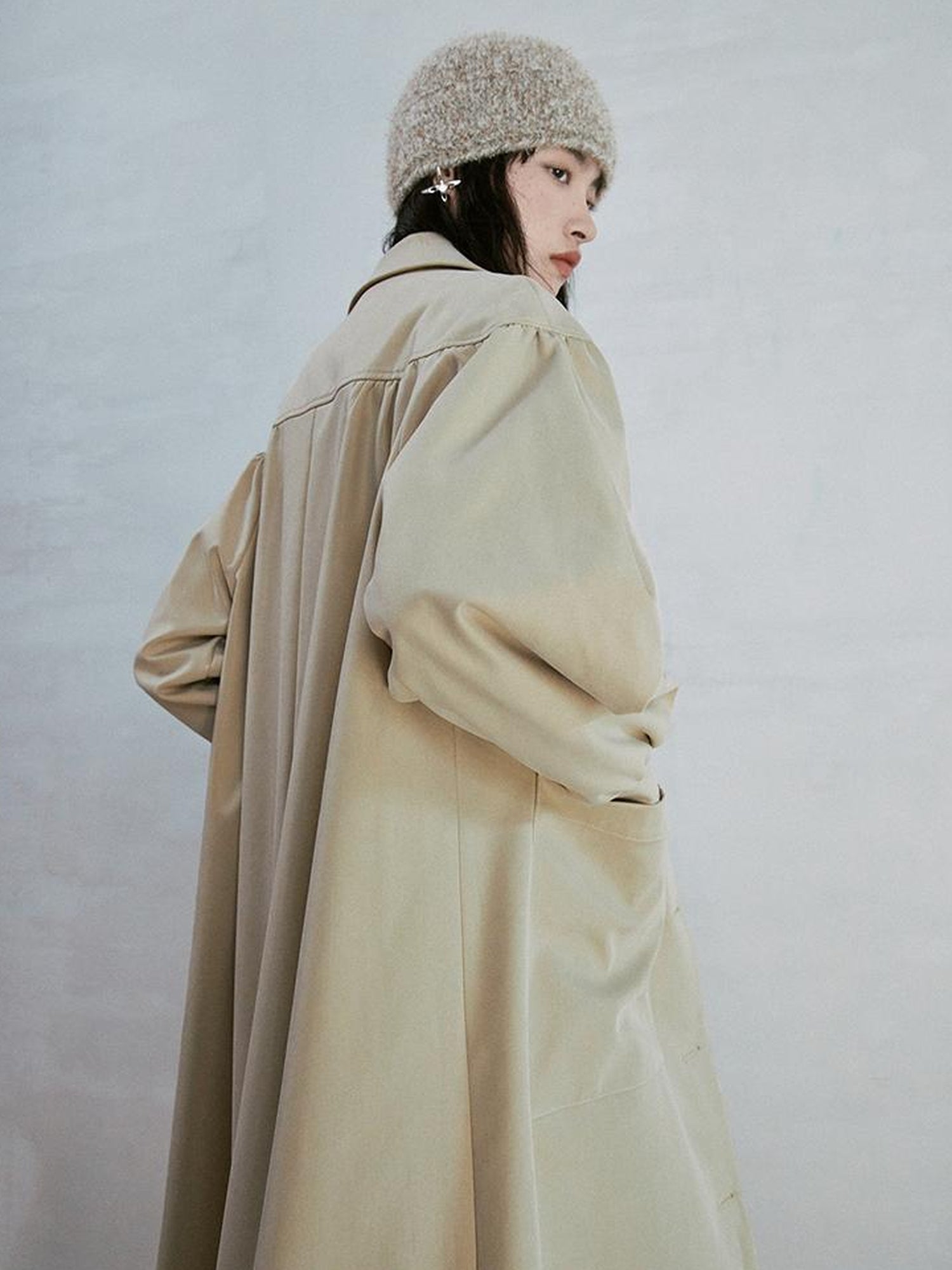 FUSSED Taupe Textured Trench Coat with Folded Details and Turn Down Collar