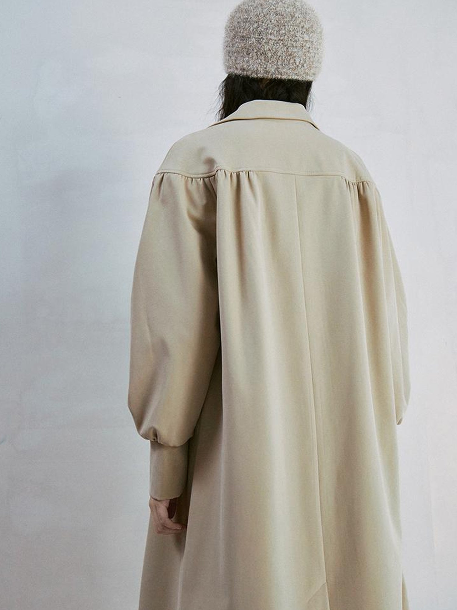 FUSSED Taupe Textured Trench Coat with Folded Details and Turn Down Collar