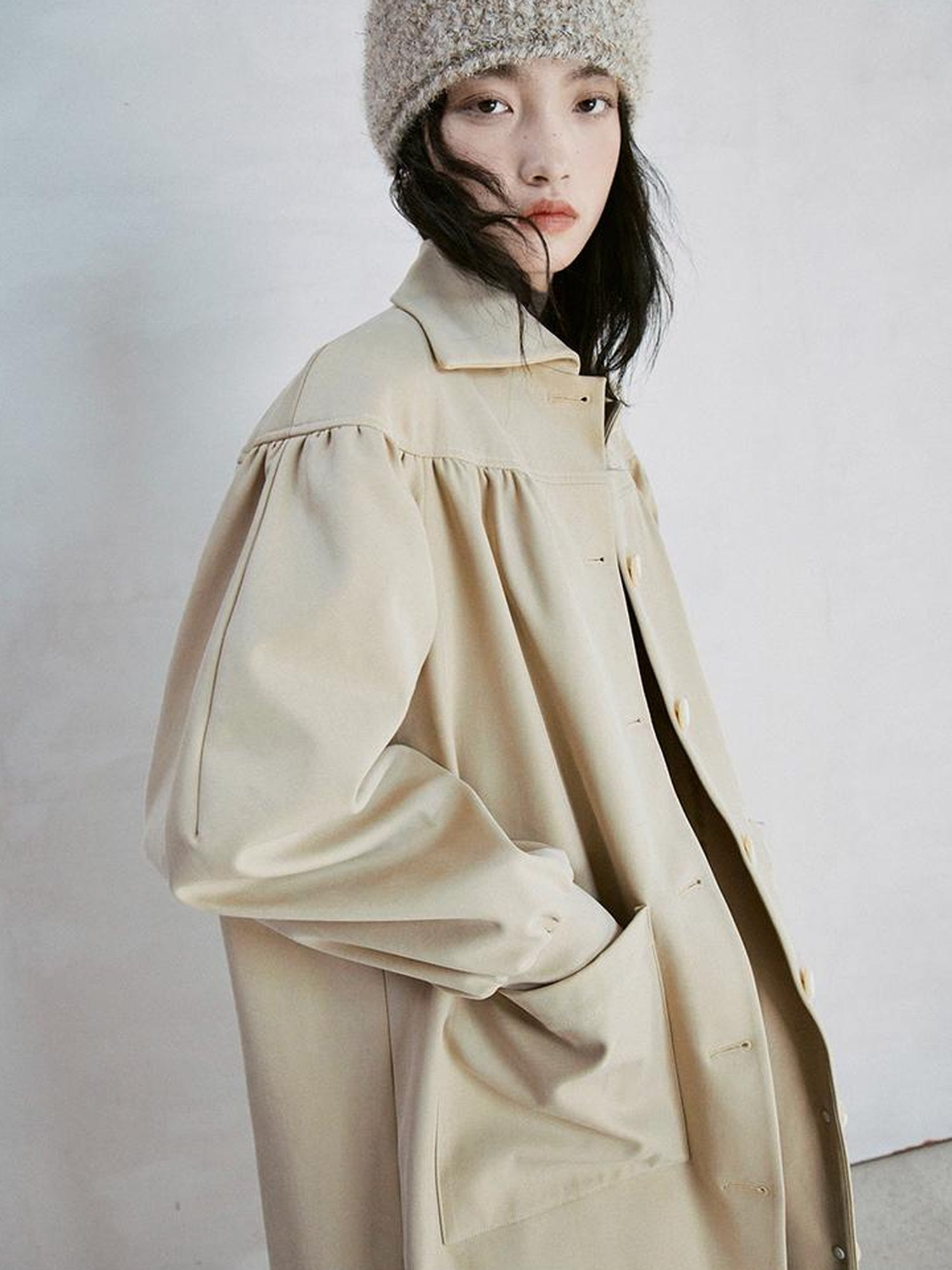 FUSSED Taupe Textured Trench Coat with Folded Details and Turn Down Collar