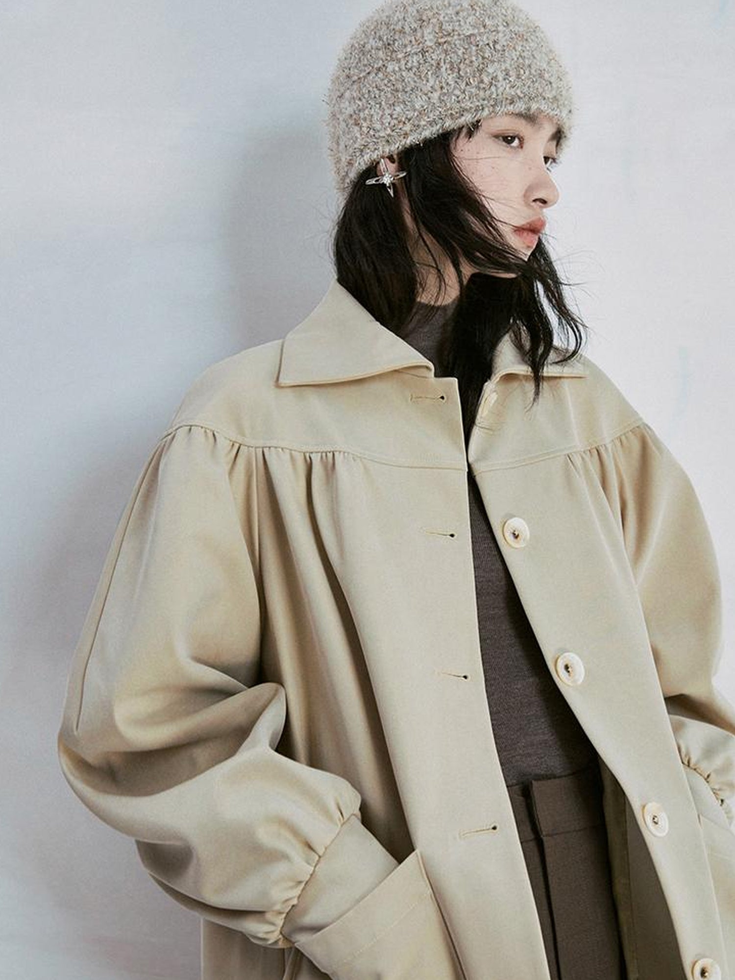 FUSSED Taupe Textured Trench Coat with Folded Details and Turn Down Collar