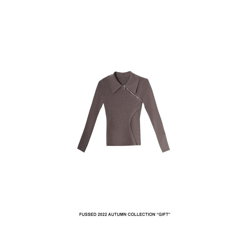 FUSSED Tea Mouse Brown Chinese Style Slim Polo Collar Women&