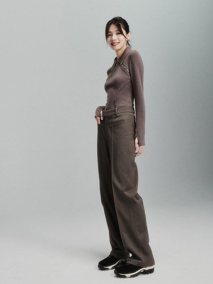 FUSSED Tea Mouse Brown Chinese Style Slim Polo Collar Women&