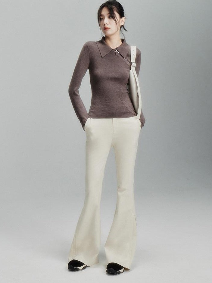 FUSSED Tea Mouse Brown Chinese Style Slim Polo Collar Women&