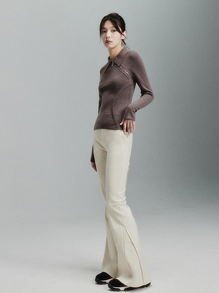 FUSSED Tea Mouse Brown Chinese Style Slim Polo Collar Women&