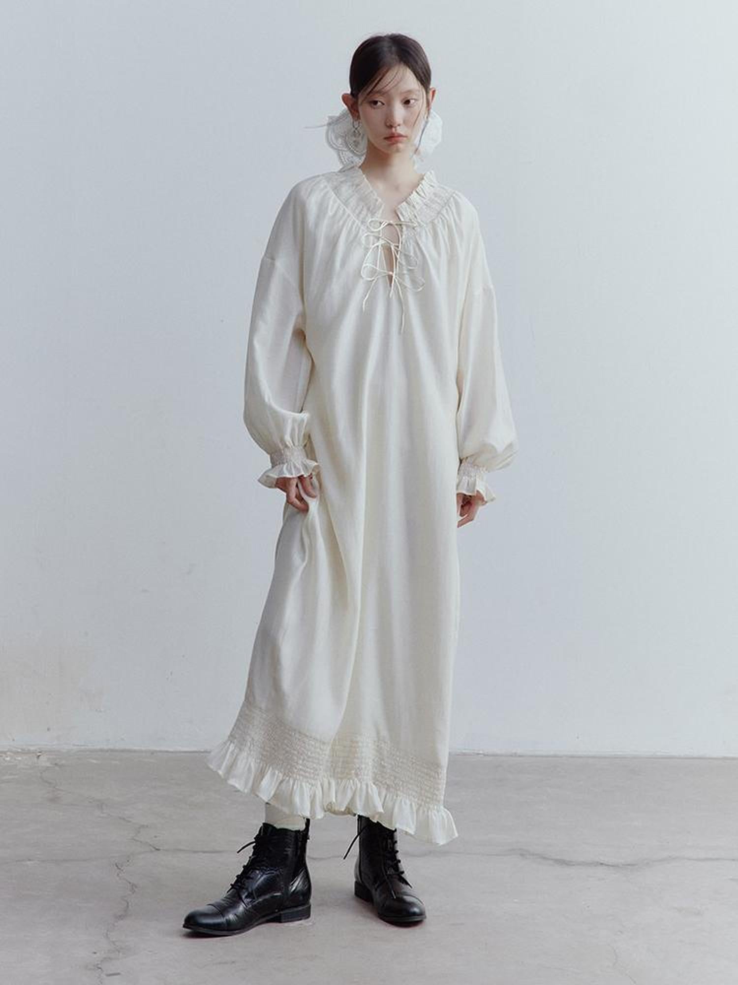 FUSSED Tencel Acetate Linen Blend Smock Dress With Puff Sleeves
