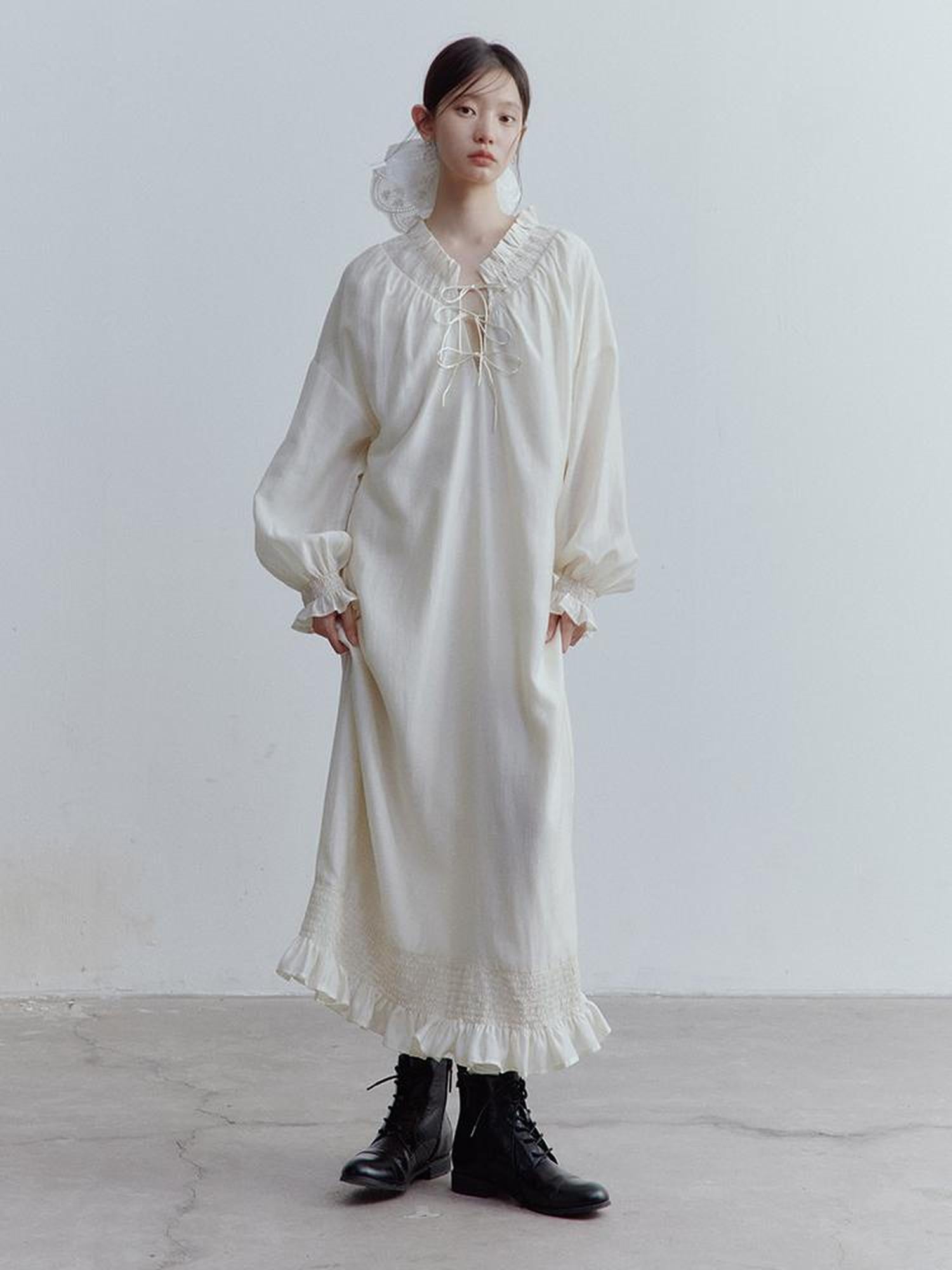 FUSSED Tencel Acetate Linen Blend Smock Dress With Puff Sleeves