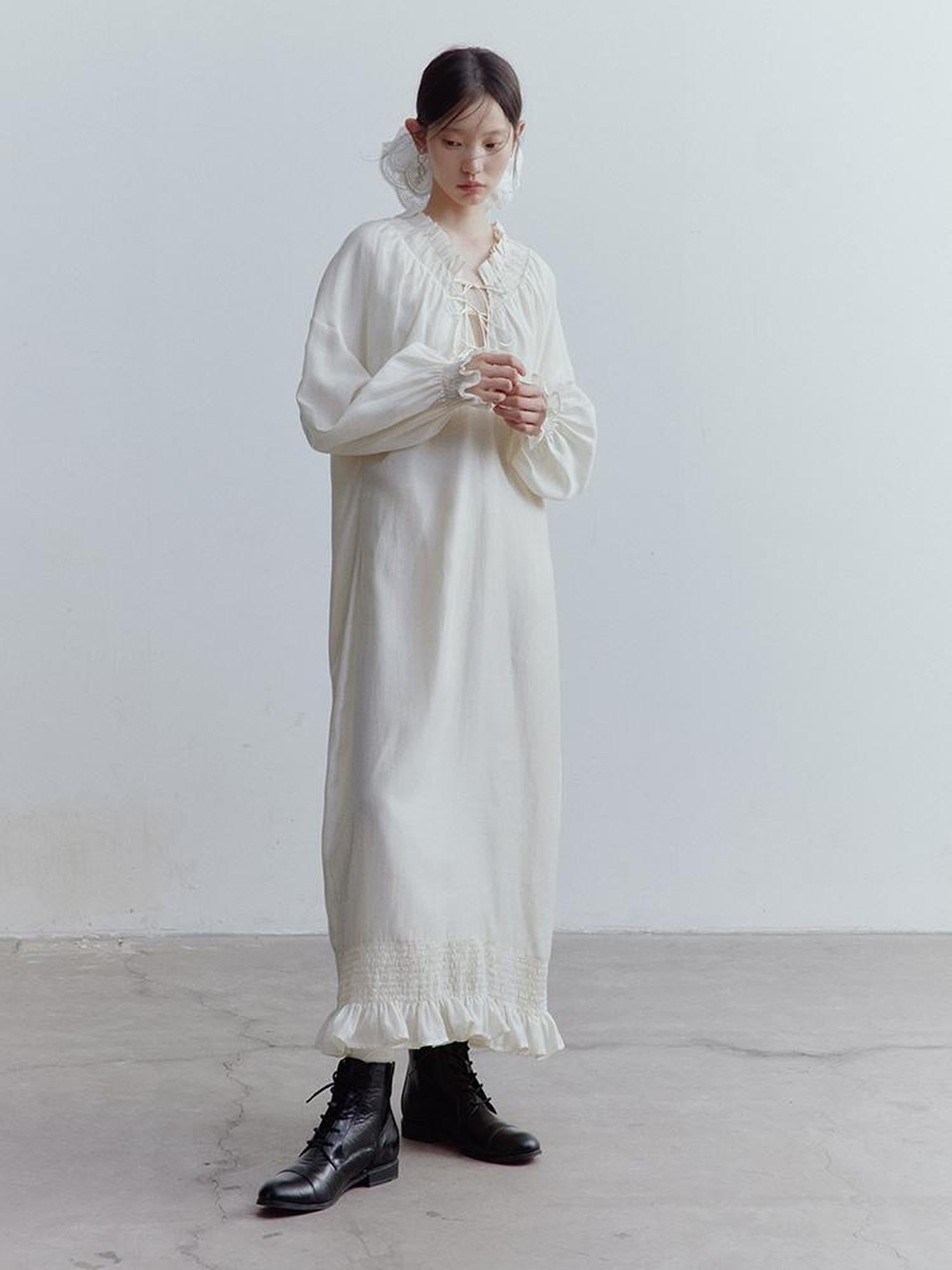 FUSSED Tencel Acetate Linen Blend Smock Dress With Puff Sleeves