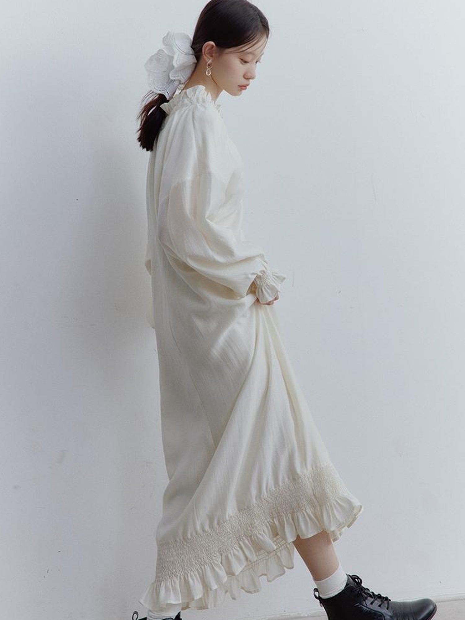 FUSSED Tencel Acetate Linen Blend Smock Dress With Puff Sleeves