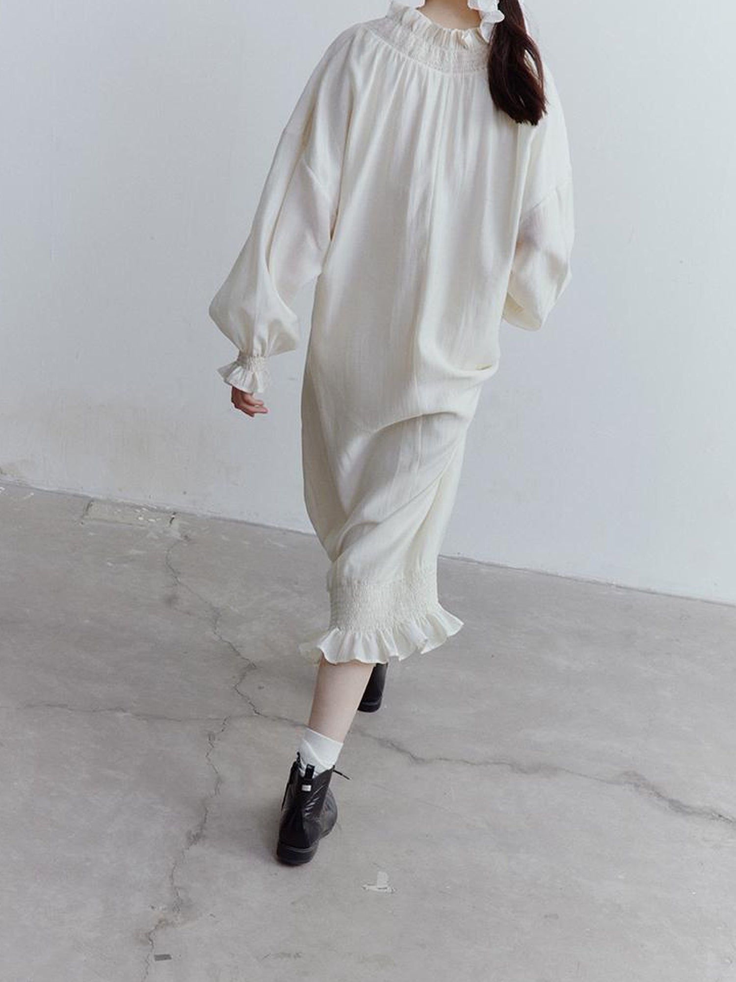 FUSSED Tencel Acetate Linen Blend Smock Dress With Puff Sleeves