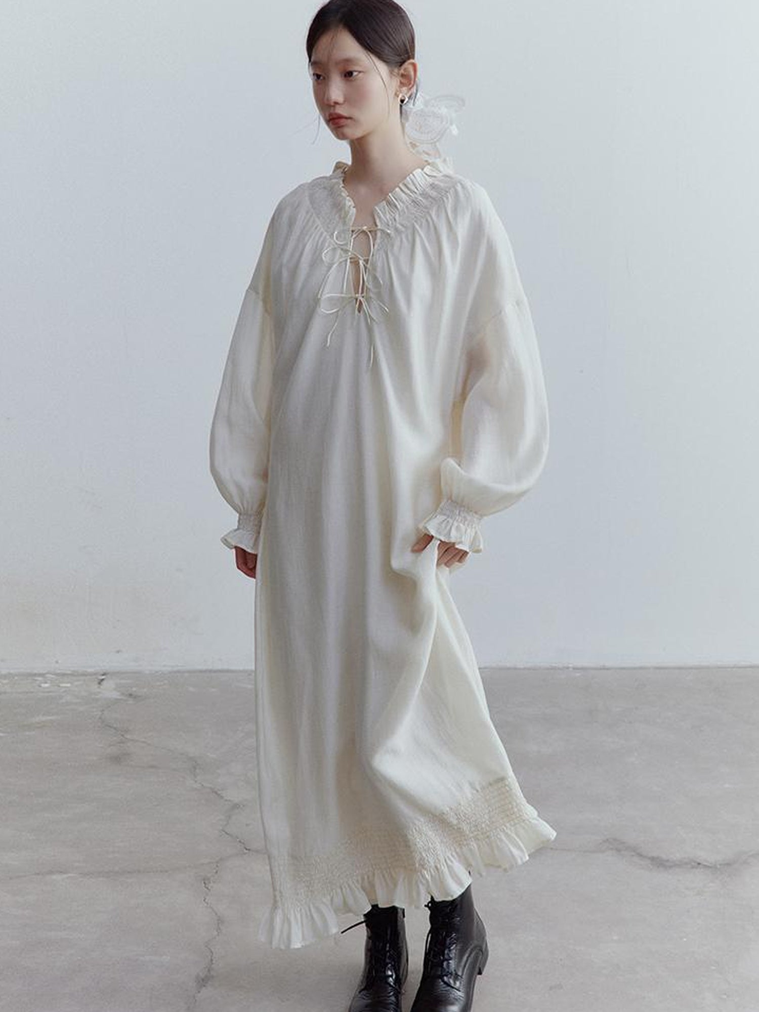 FUSSED Tencel Acetate Linen Blend Smock Dress With Puff Sleeves