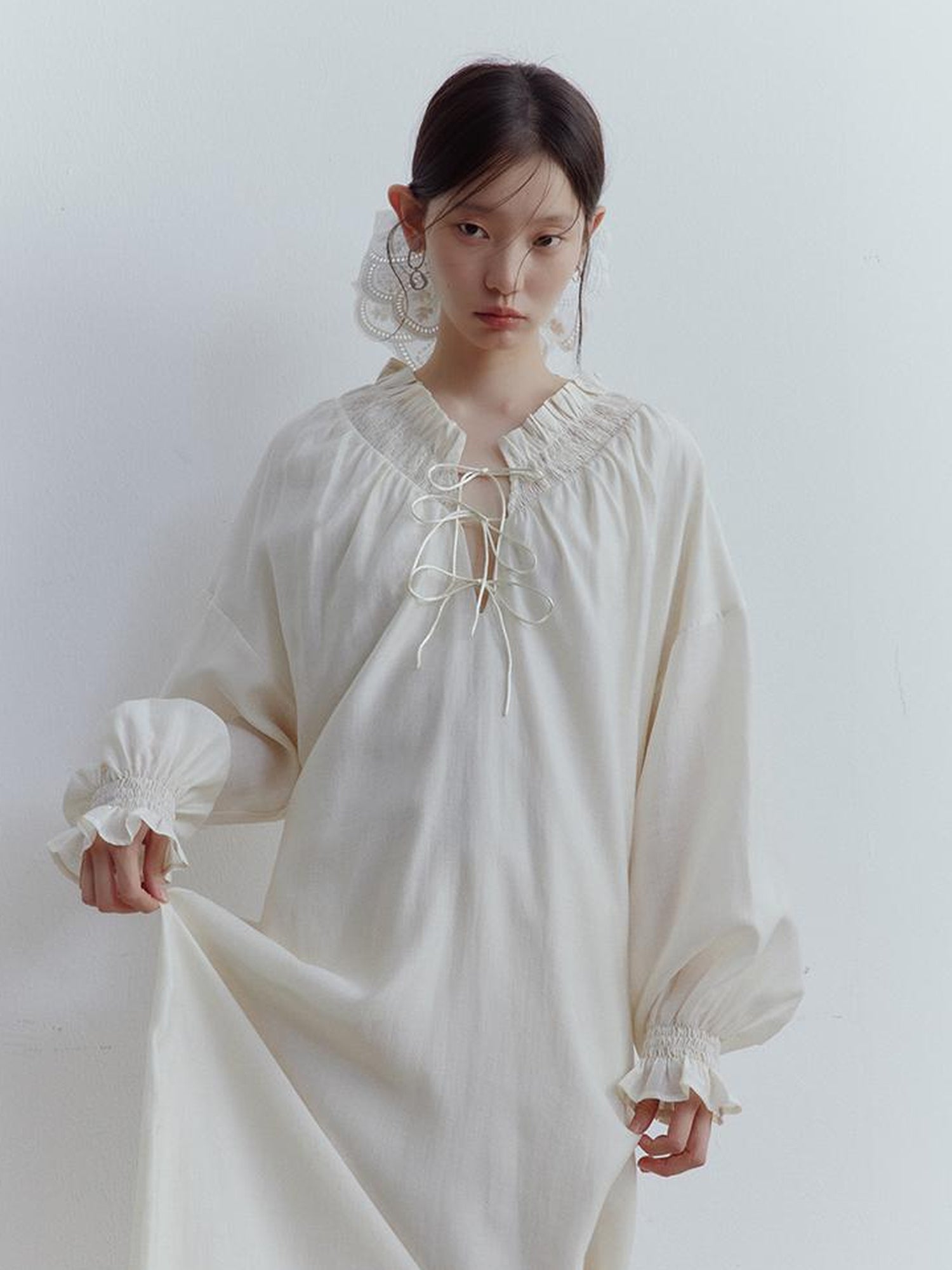 FUSSED Tencel Acetate Linen Blend Smock Dress With Puff Sleeves