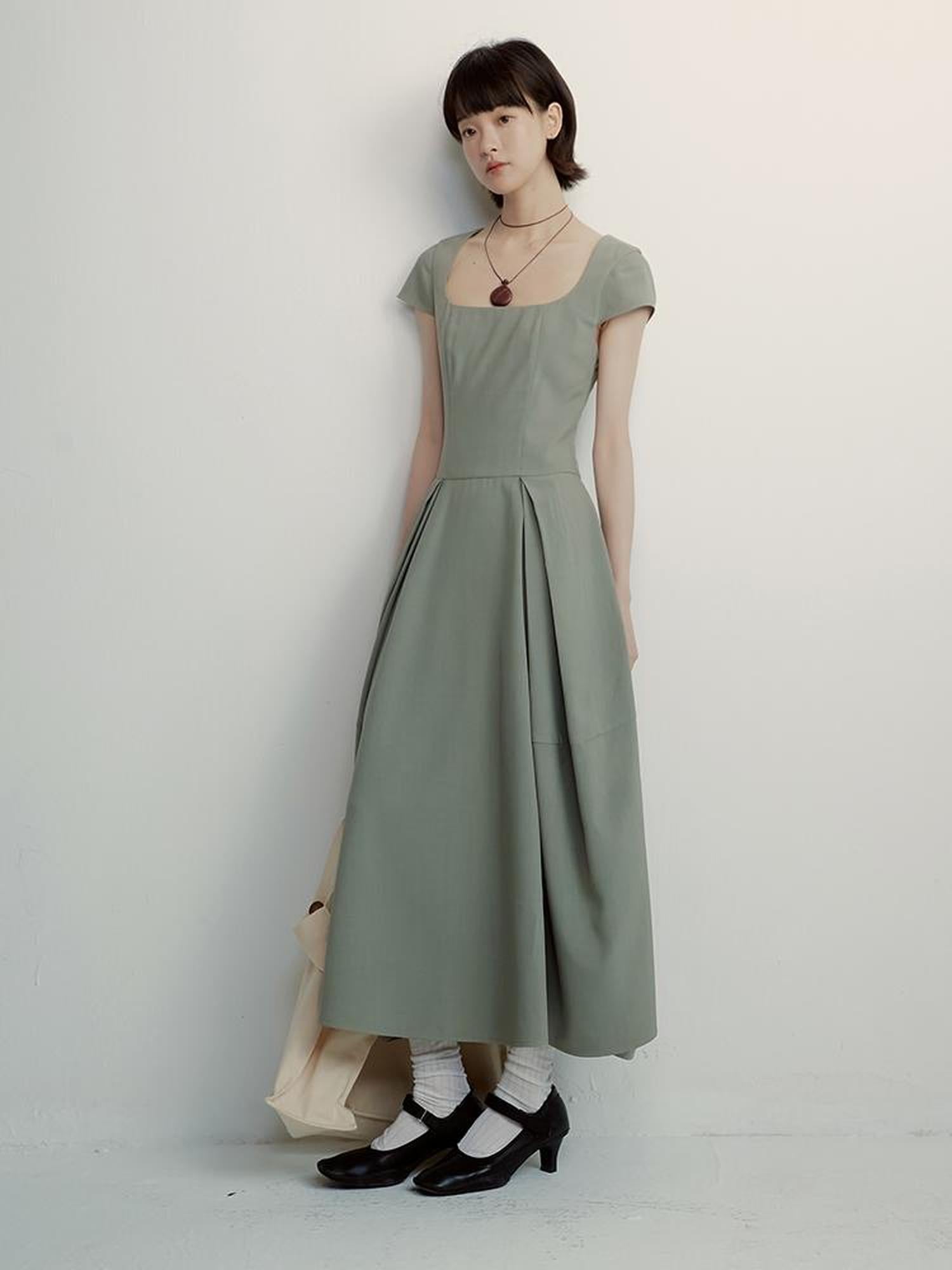 FUSSED Tencel Cocoon Dress With Pleats U Neck In Herbal Tea