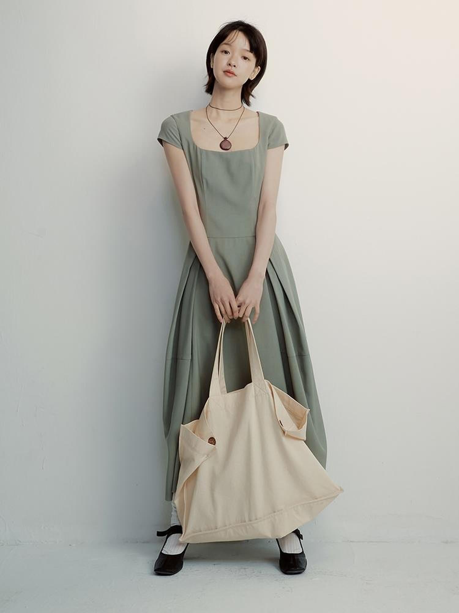 FUSSED Tencel Cocoon Dress With Pleats U Neck In Herbal Tea
