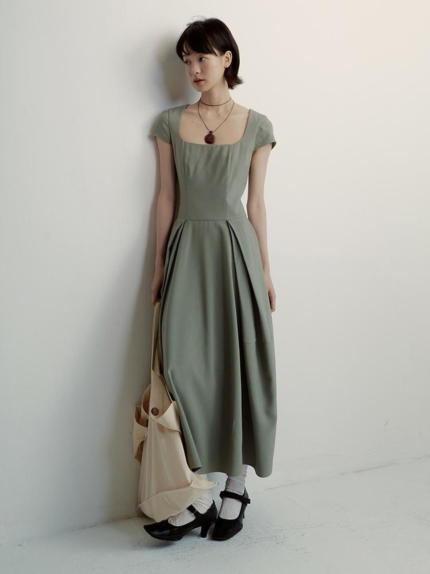 FUSSED Tencel Cocoon Dress With Pleats U Neck In Herbal Tea