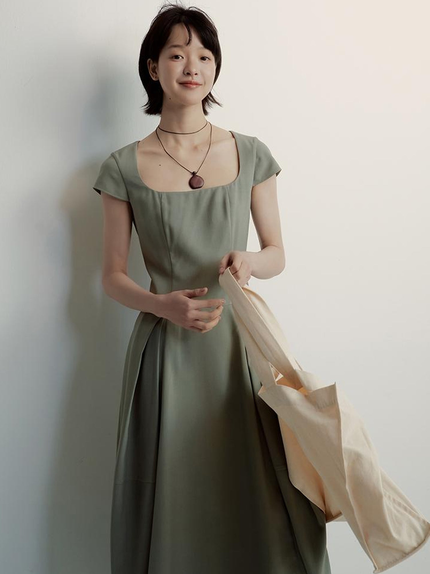 FUSSED Tencel Cocoon Dress With Pleats U Neck In Herbal Tea