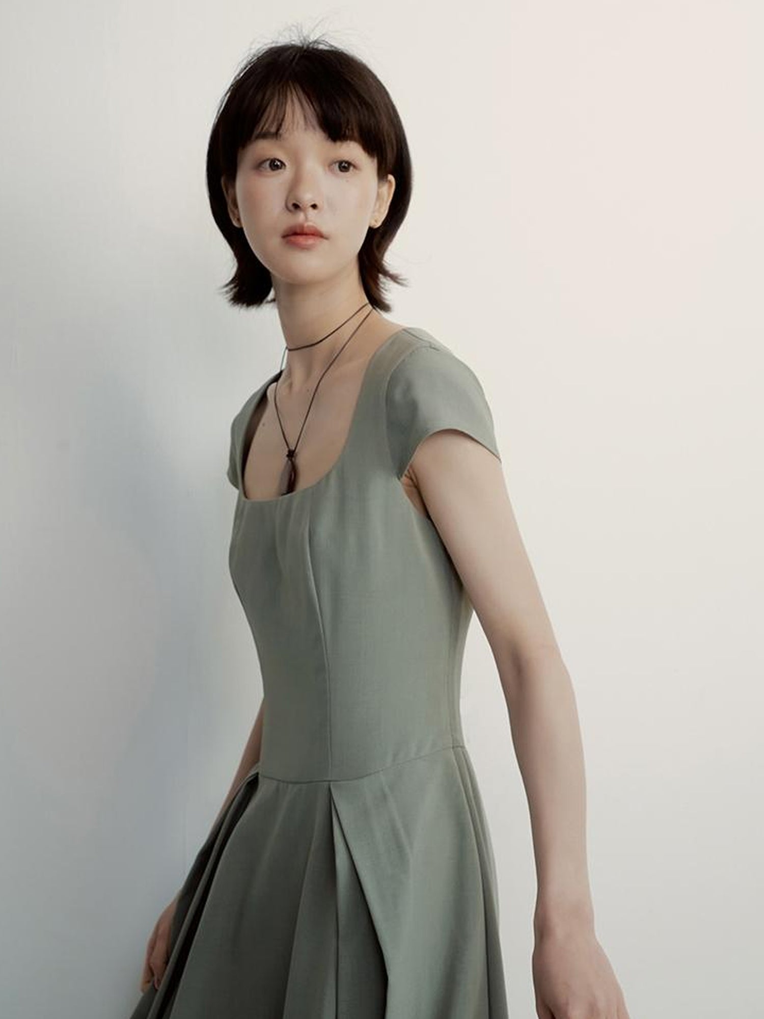 FUSSED Tencel Cocoon Dress With Pleats U Neck In Herbal Tea