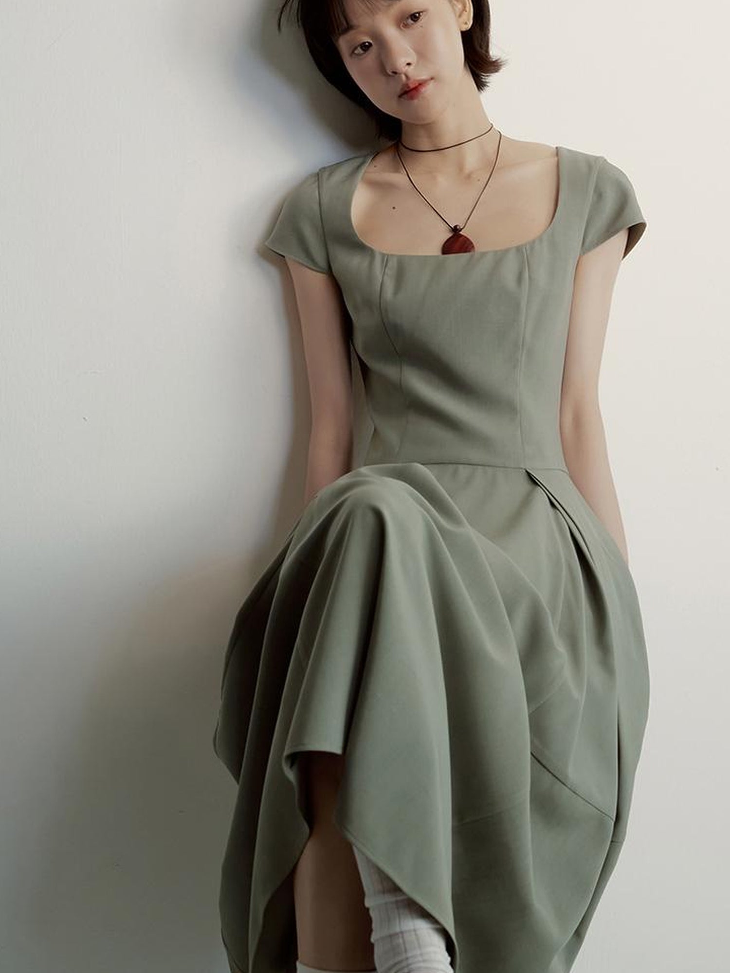 FUSSED Tencel Cocoon Dress With Pleats U Neck In Herbal Tea