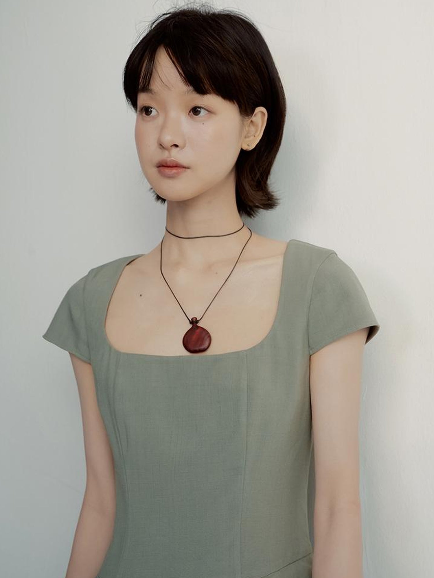 FUSSED Tencel Cocoon Dress With Pleats U Neck In Herbal Tea