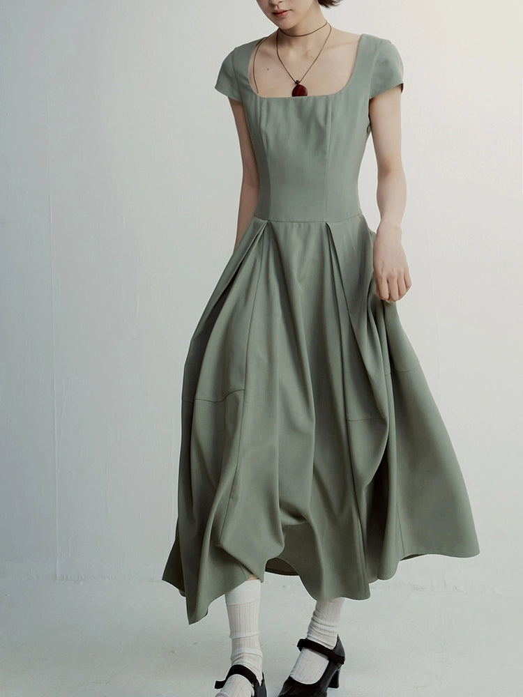 FUSSED_Tencel_Cocoon_Dress_With_Pleats_U_Neck_In_Herbal_Tea_MISSTT